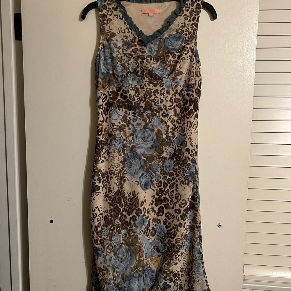 Brown and Blue Sheath Midi Dress with V-Neck